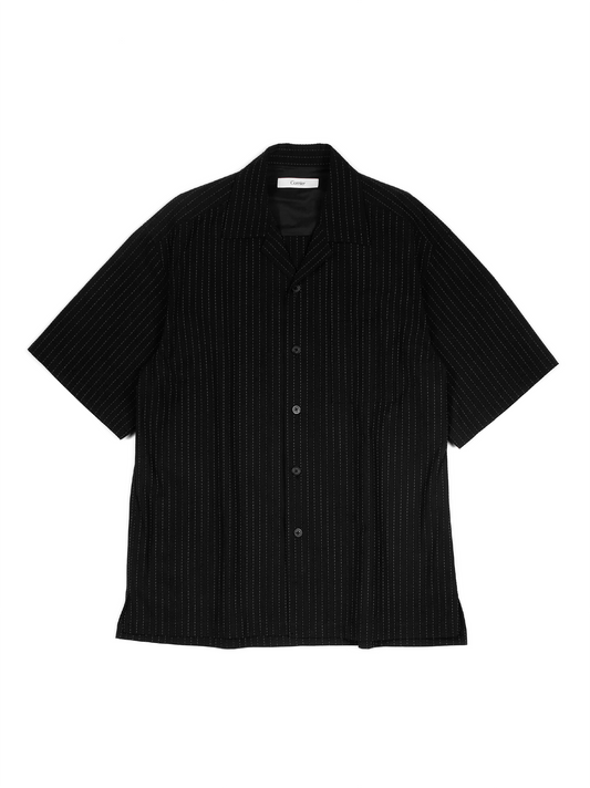 Super160's WOOL/COTTON SASHIKO STITCHING HALF SLEEVE SHIRTS｜BLACK