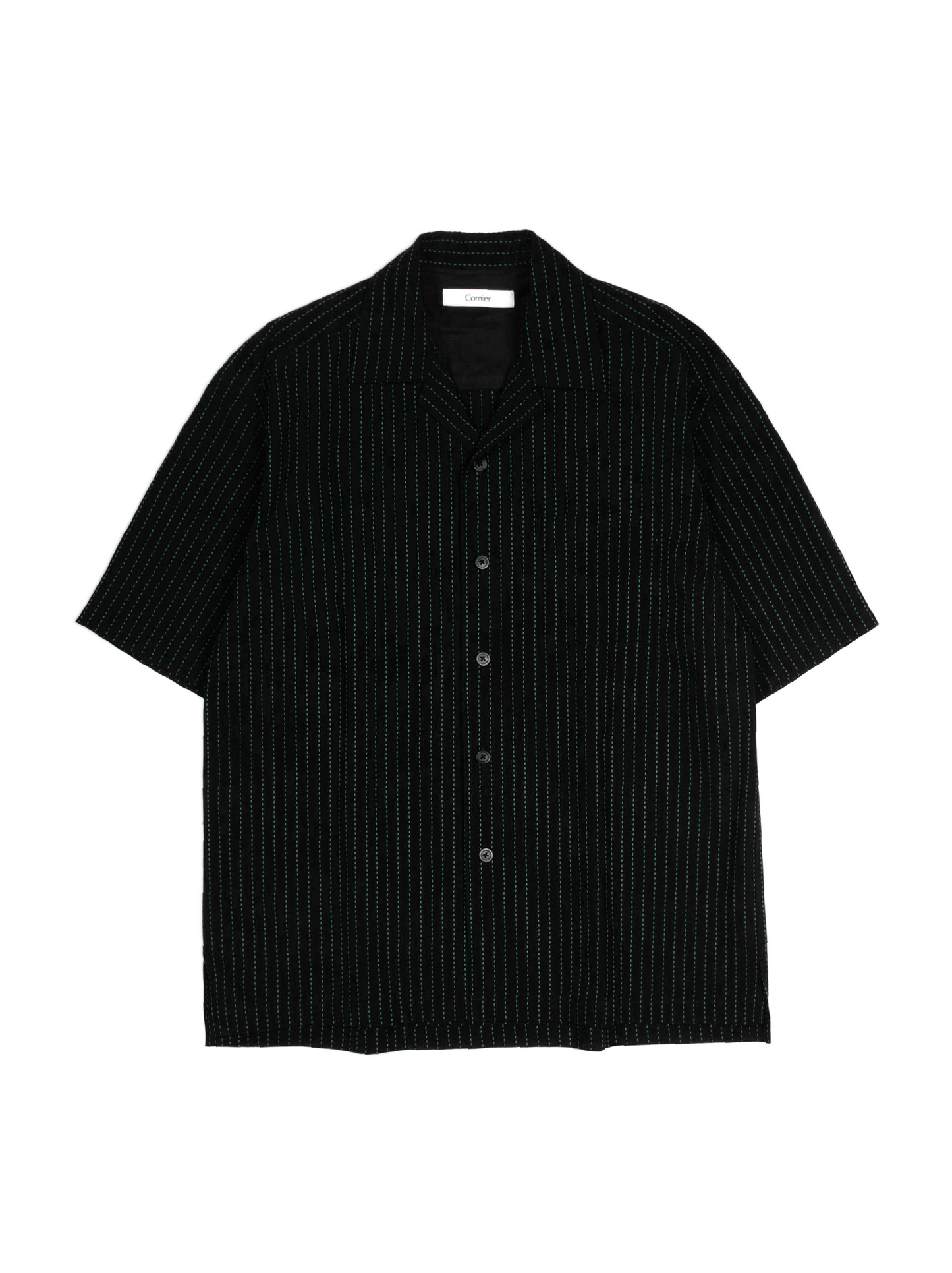 Super160's WOOL/COTTON SASHIKO STITCHING HALF SLEEVE SHIRTS｜GREEN