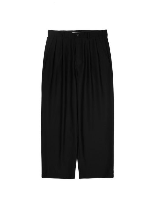 WORSTED CASHMERE/SILK TROPICAL 2-TUCK WIDE PANTS｜BLACK